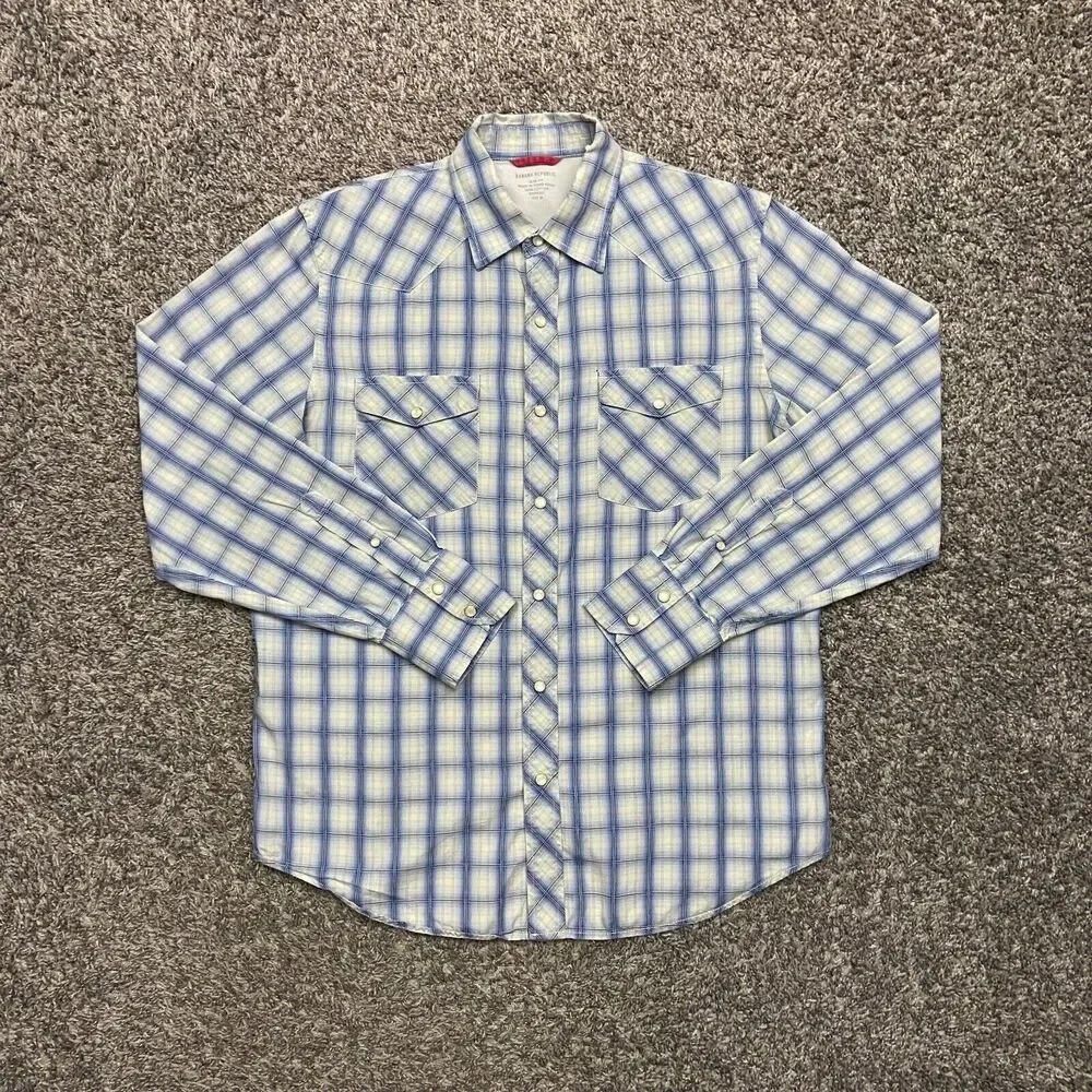 Western Shirt Pearl Snap Plaid Long Sleeve Banana Republic Slim Fit Medium Blue